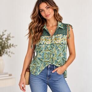 Alex & Lili Button-Up Sleeveless Blouse Women's Size L Green Tropical Vacation